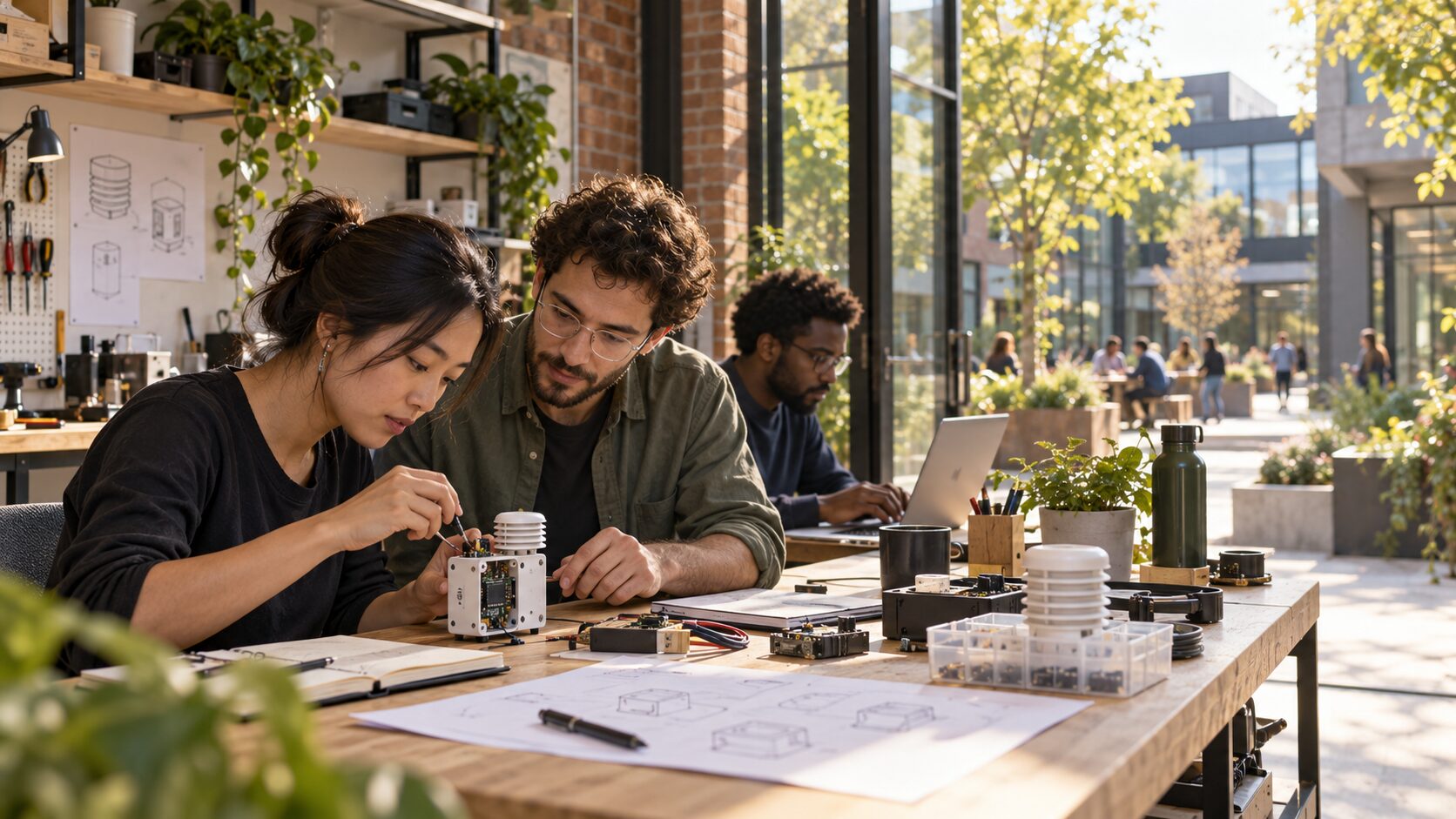 A small team working on a prototype together at a studio bench in the innovation district