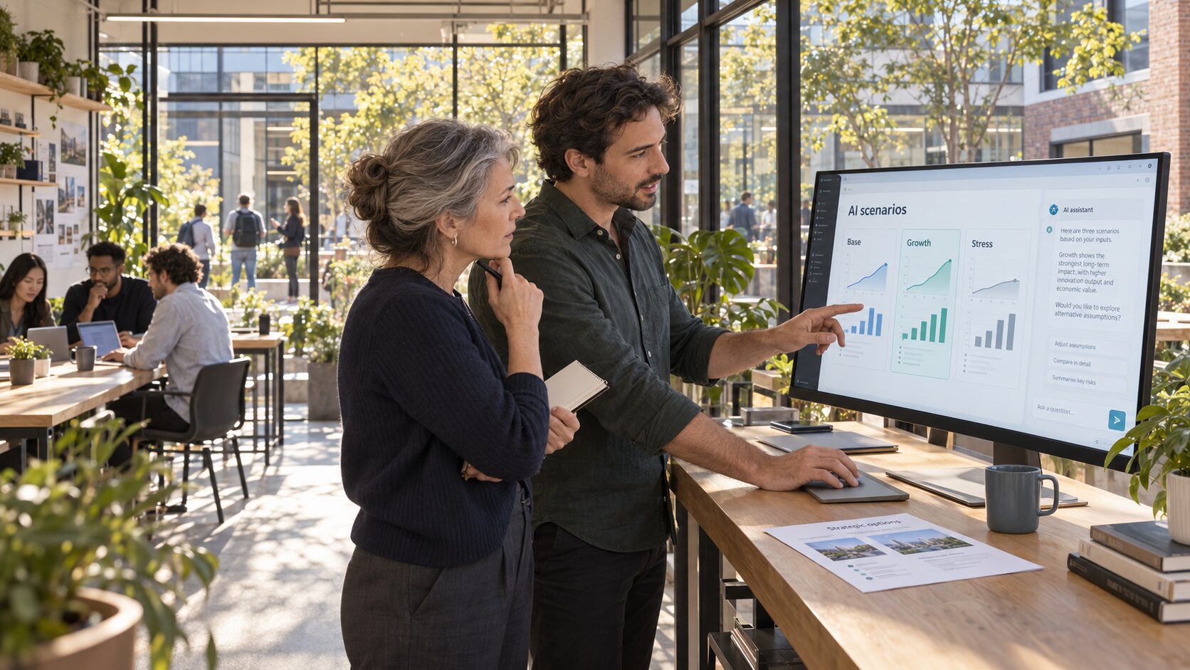 Two advisers comparing base, growth and stress scenarios on a large screen in a sunlit studio