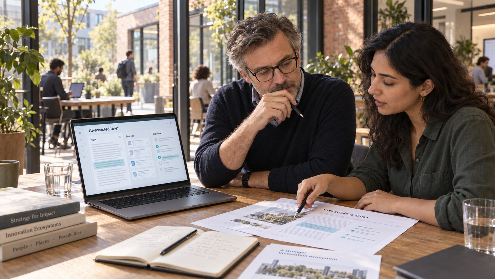 Two advisers reviewing AI-generated analysis on paper and laptop before turning it into advice