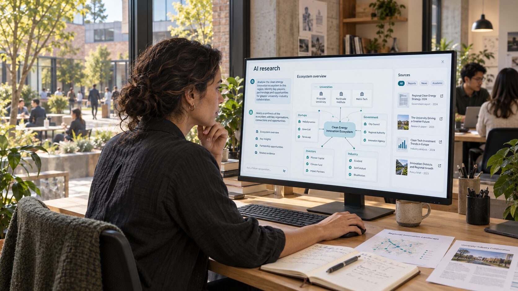 An adviser reviewing an AI research synthesis, with its sources, on a large monitor by the window