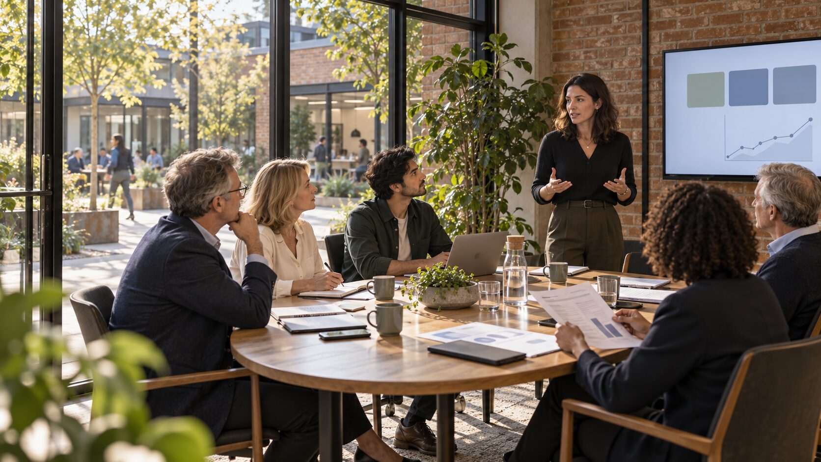 A founder-CEO presenting strategy to her board around an oval timber table