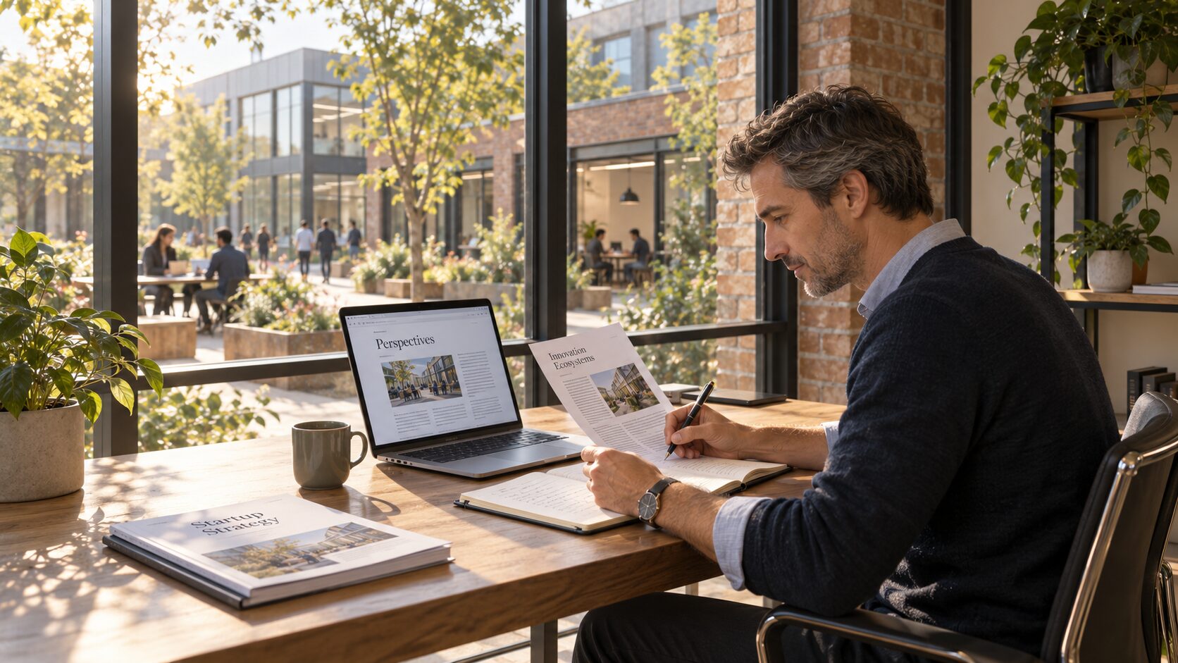 A director reading and annotating a board pack alone at a timber desk by the window