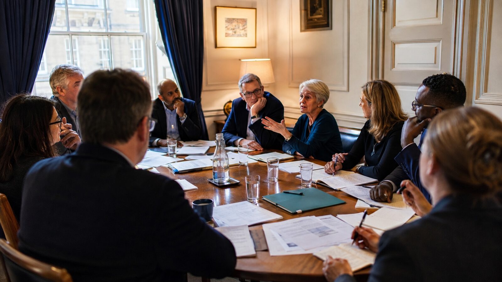 Senior enterprise-policy practitioners in focused round-table discussion in a Georgian drawing room