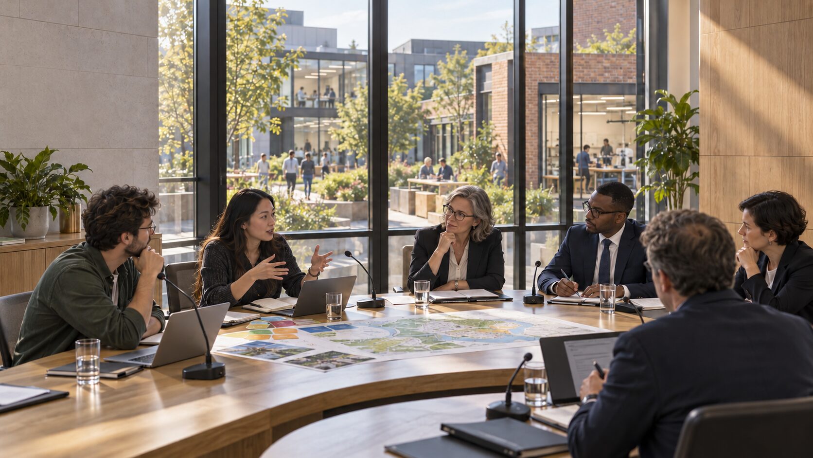 Founders, officials and elected representatives working through a regional map at a civic policy table