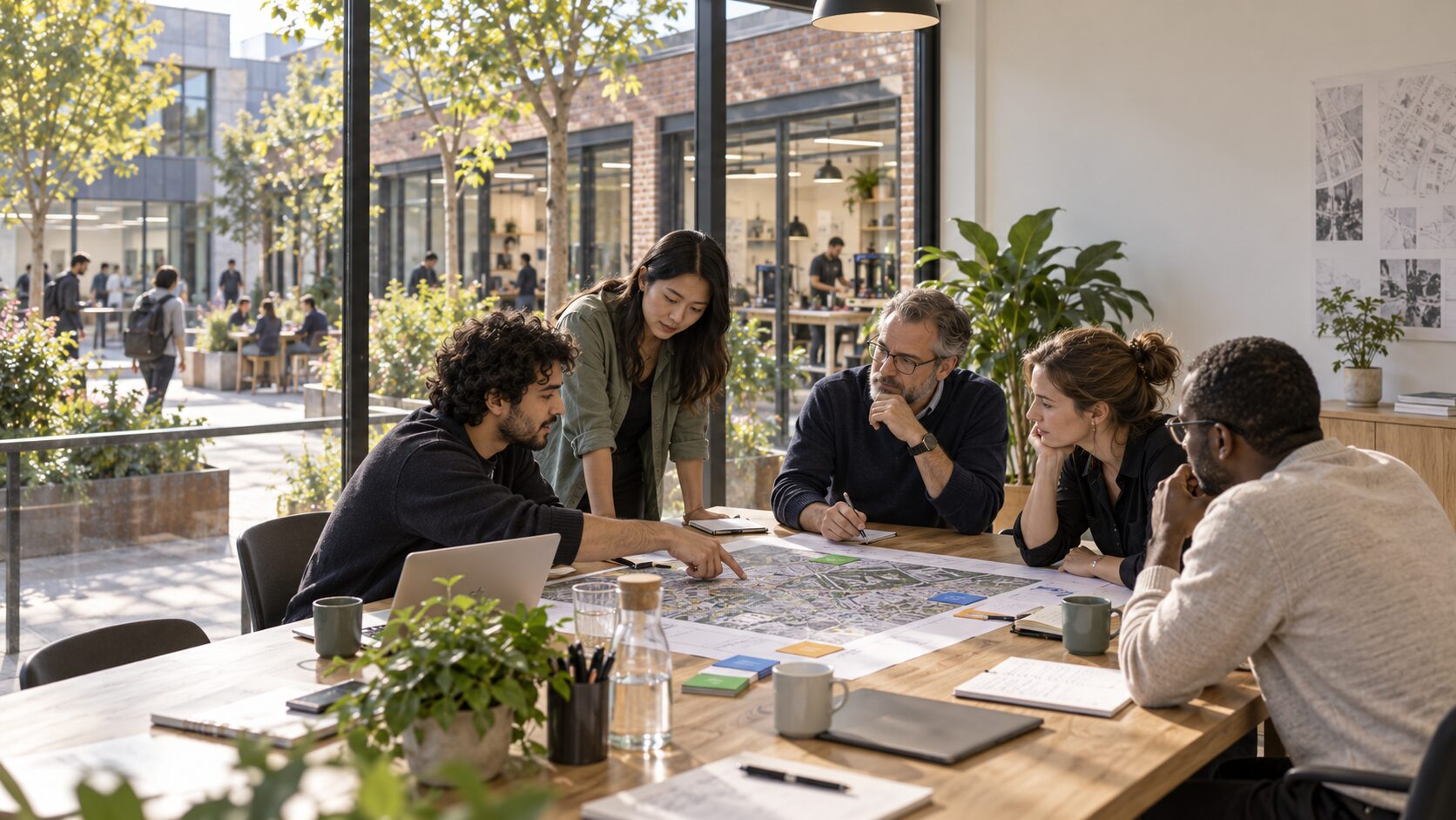 A mixed group of founders and officials planning around a large map spread across a shared table