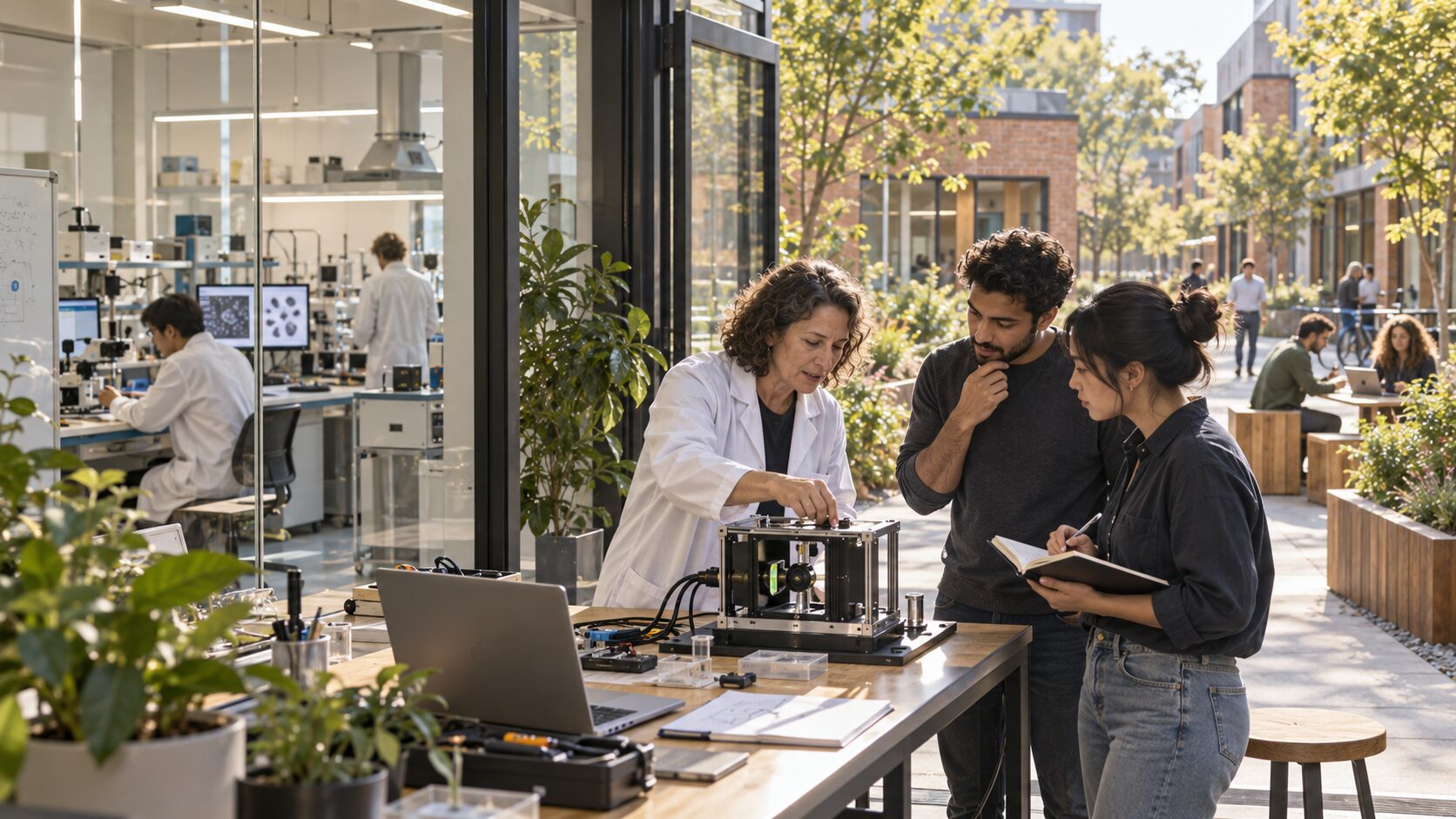 Researchers and founders examining a prototype in a university lab that opens onto the startup district
