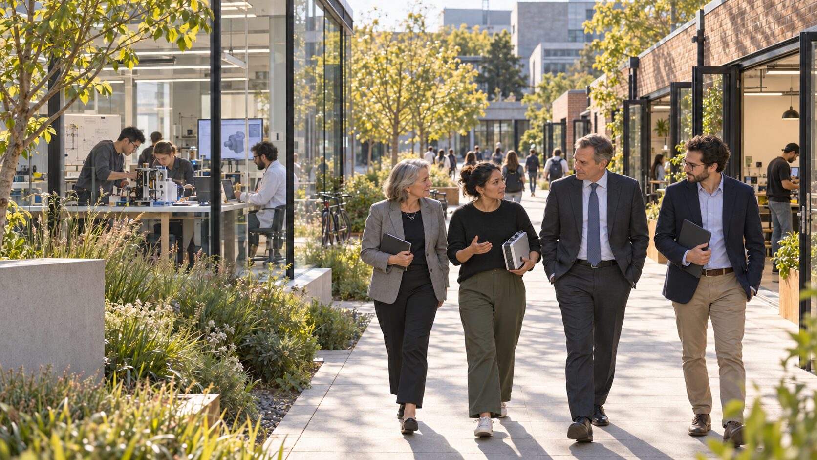 Officials, academics and founders walking together through the innovation district