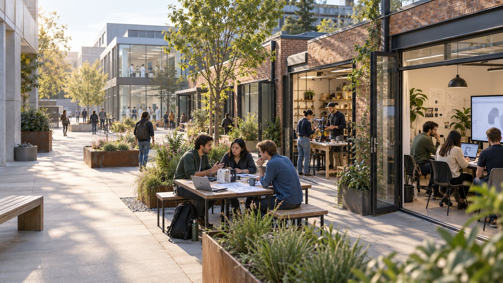 A working innovation district in late-afternoon sun: founders at an outdoor table, a workshop and studio with doors open onto a planted courtyard