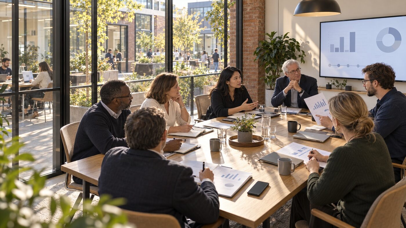 A board reviewing growth figures around a table, a chart on the screen behind them