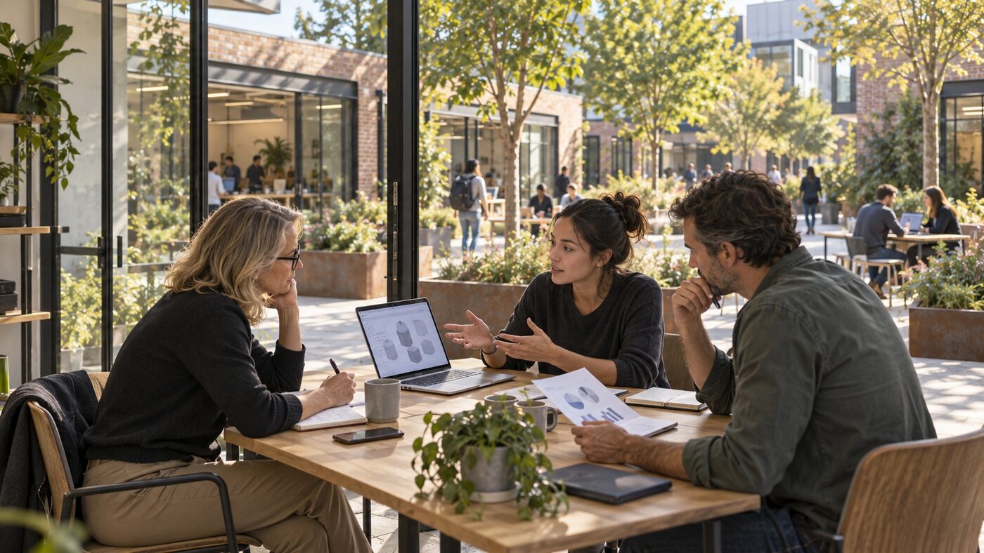 Three founders working through a funding conversation at a table, laptop and papers in front of them