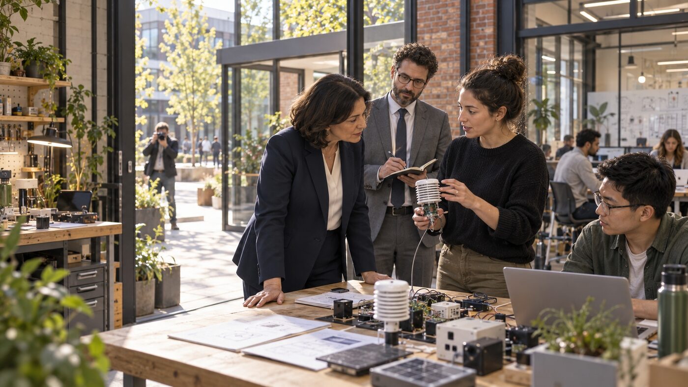 A government minister and an official listen as a founder demonstrates a hardware prototype in a startup workshop