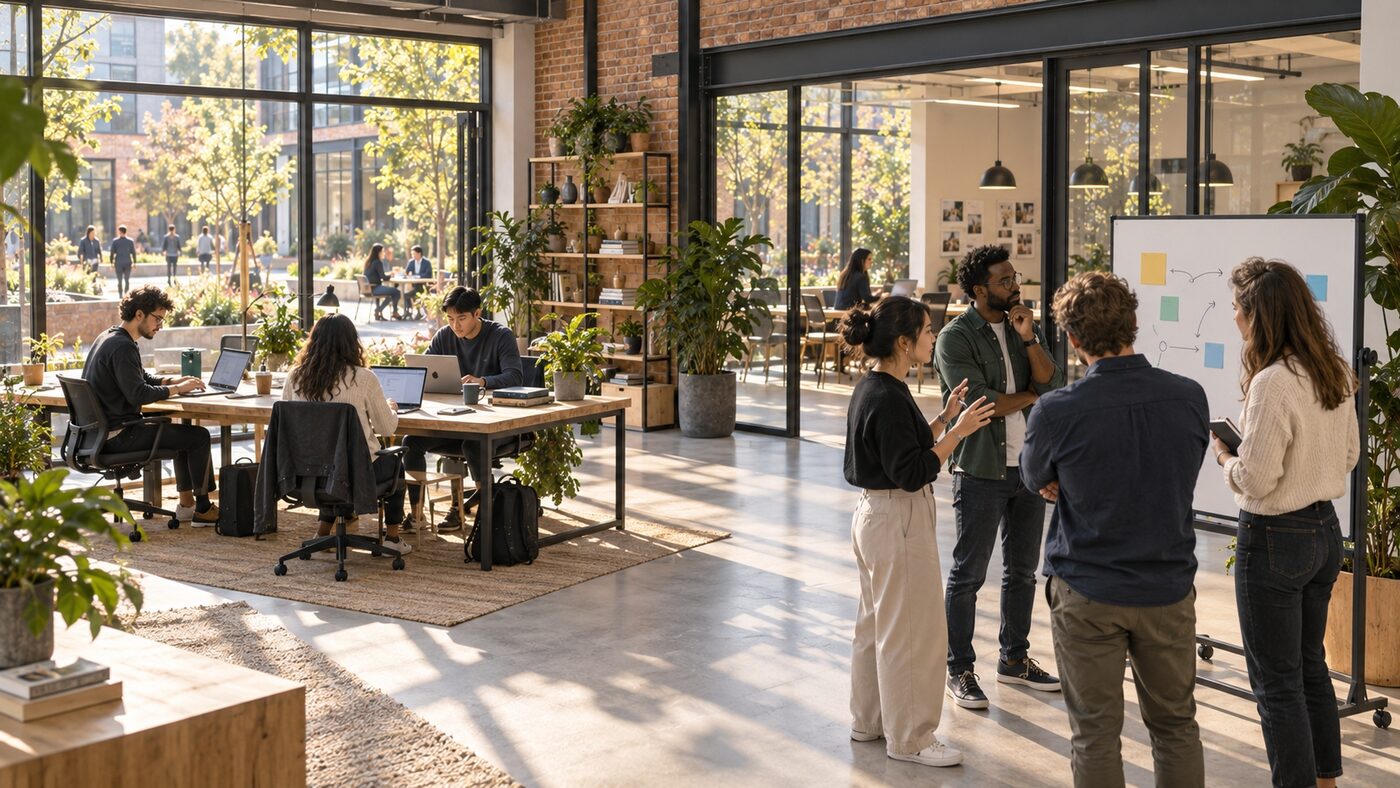 A scale-up team gathered at a whiteboard in a bright open-plan office