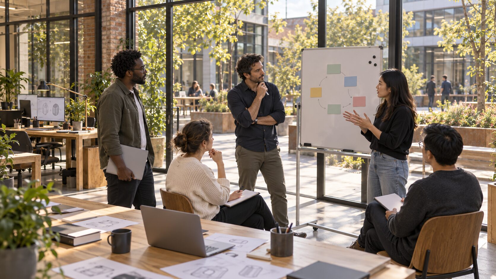 A scale-up leader at a whiteboard working through a plan with her team
