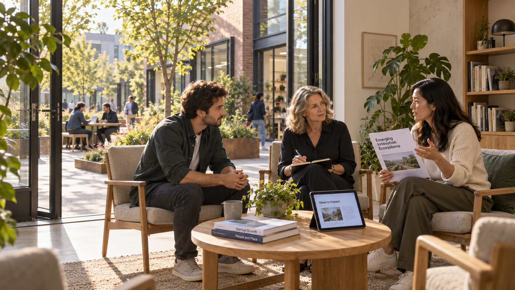 A small group of leaders in an informal conversation in armchairs around a low table
