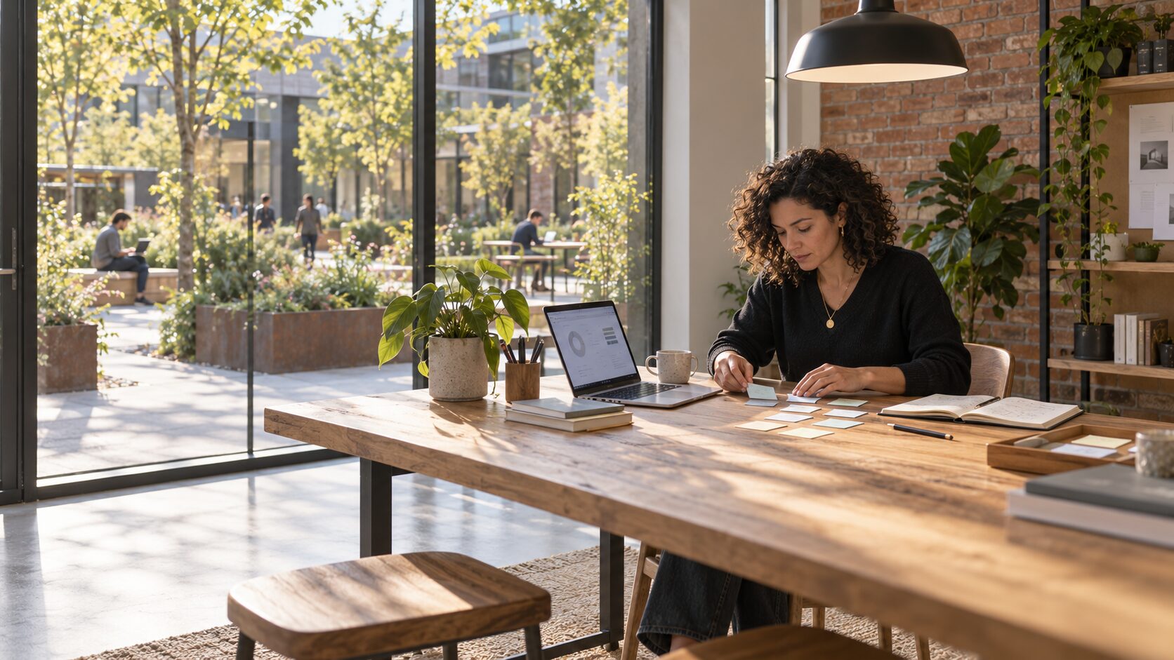A founder working through her strategy alone at a long timber table, laptop and notes spread out