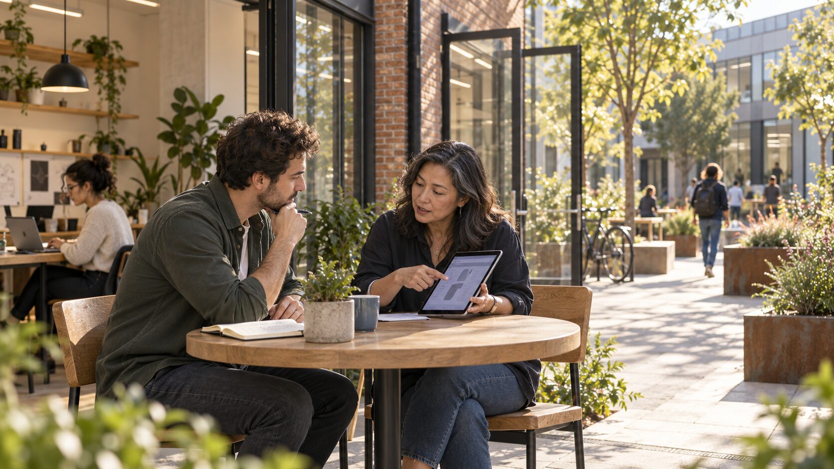 A founder and an adviser in a focused one-to-one session at a small round table