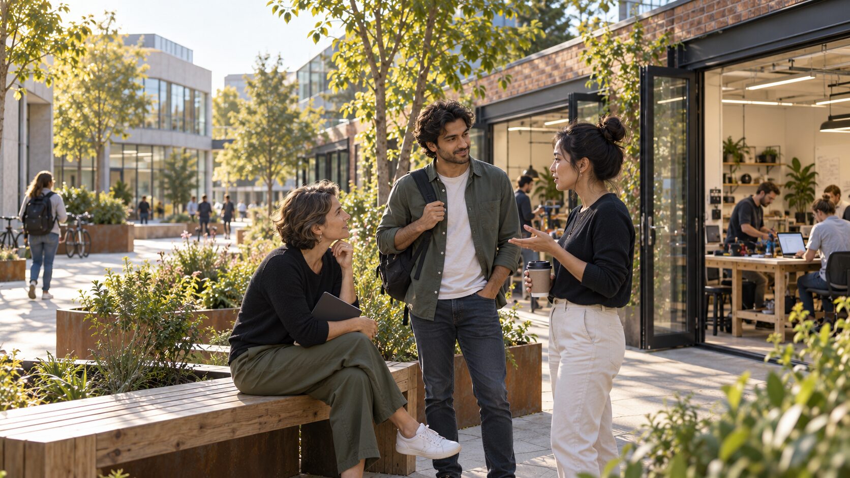 Founders talking on benches in a planted courtyard between studios